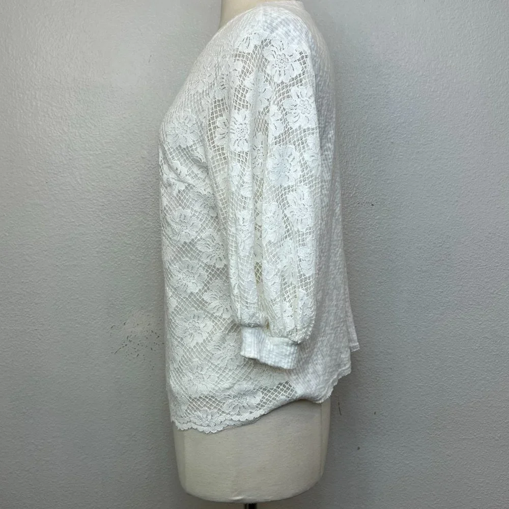 Athropologie Eri + Ali Ivory Lace Top Cotton Blend Top Blouse Puff‎ Sleeve Sz S